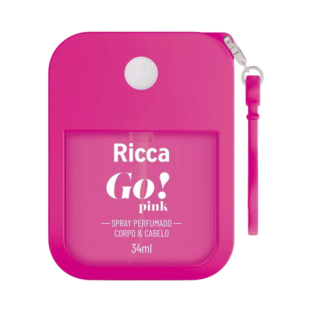 Spray Perfumado Ricca Go! Pink 34ml em embalagem rosa com visor transparente.